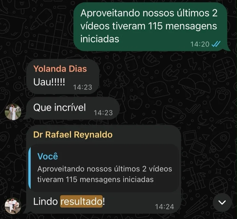 Print de conversa no WhatsApp: a AND avisa que os 2 últimos vídeos tiveram 115 mensagens iniciadas e os clientes respondem Uau, Que incrível e Lindo resultado